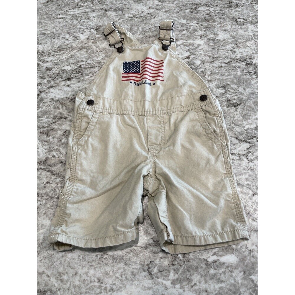 OSHKOSH B’Gosh Overall Shorts Khaki Tan USA Flag American Size 24 Months